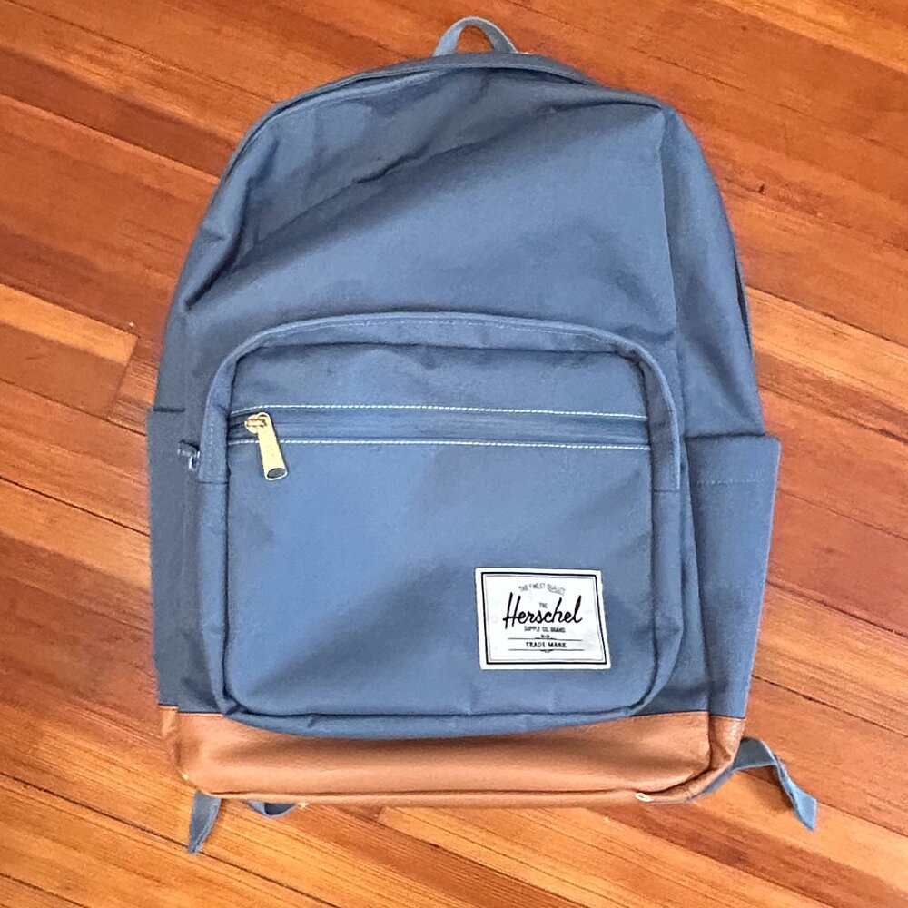 Herschel Backpack Blue w/ Tan Faux Leather Base – Good Condition